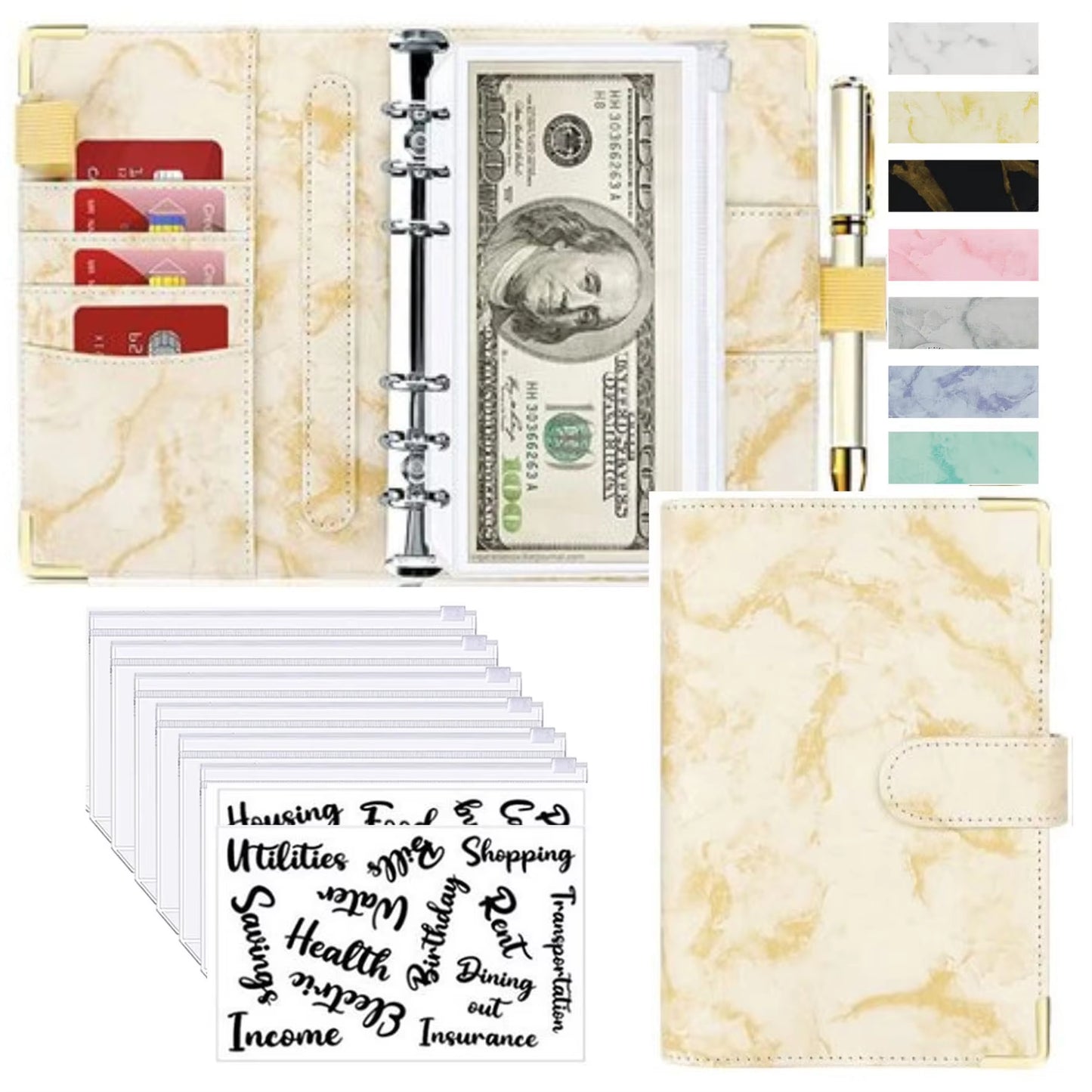 Stylish A6 Marble Budget Binder - PU Leather Money Saving Organizer & Planner for 2023