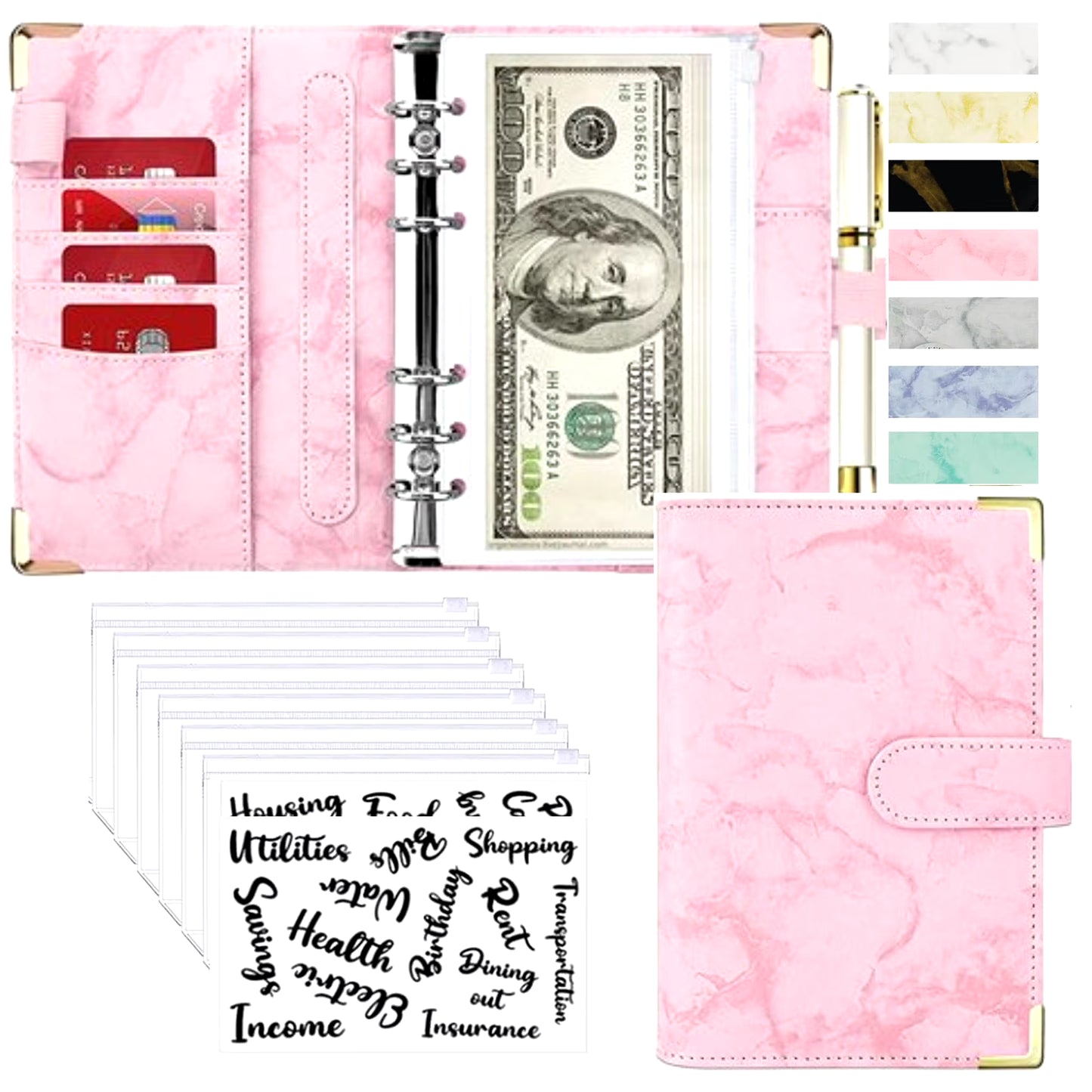 Stylish A6 Marble Budget Binder - PU Leather Money Saving Organizer & Planner for 2023