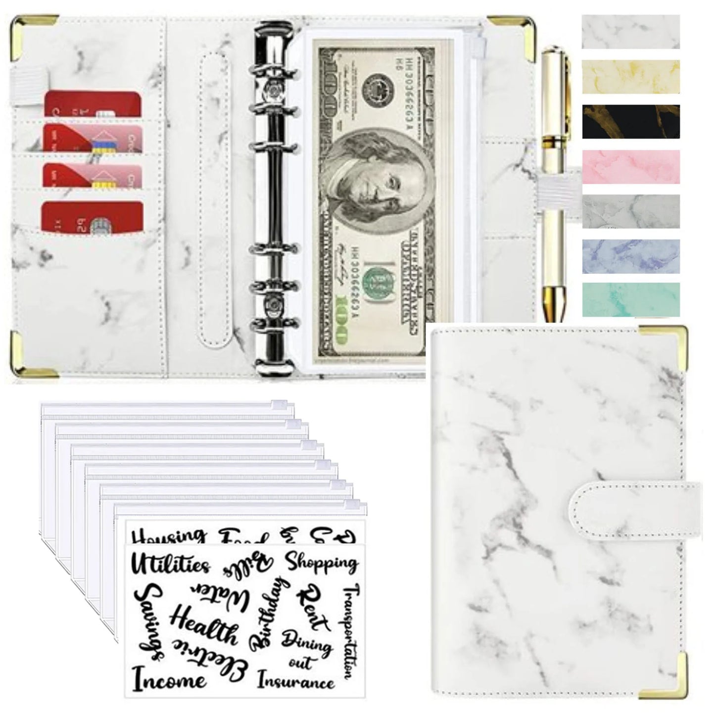 Stylish A6 Marble Budget Binder - PU Leather Money Saving Organizer & Planner for 2023