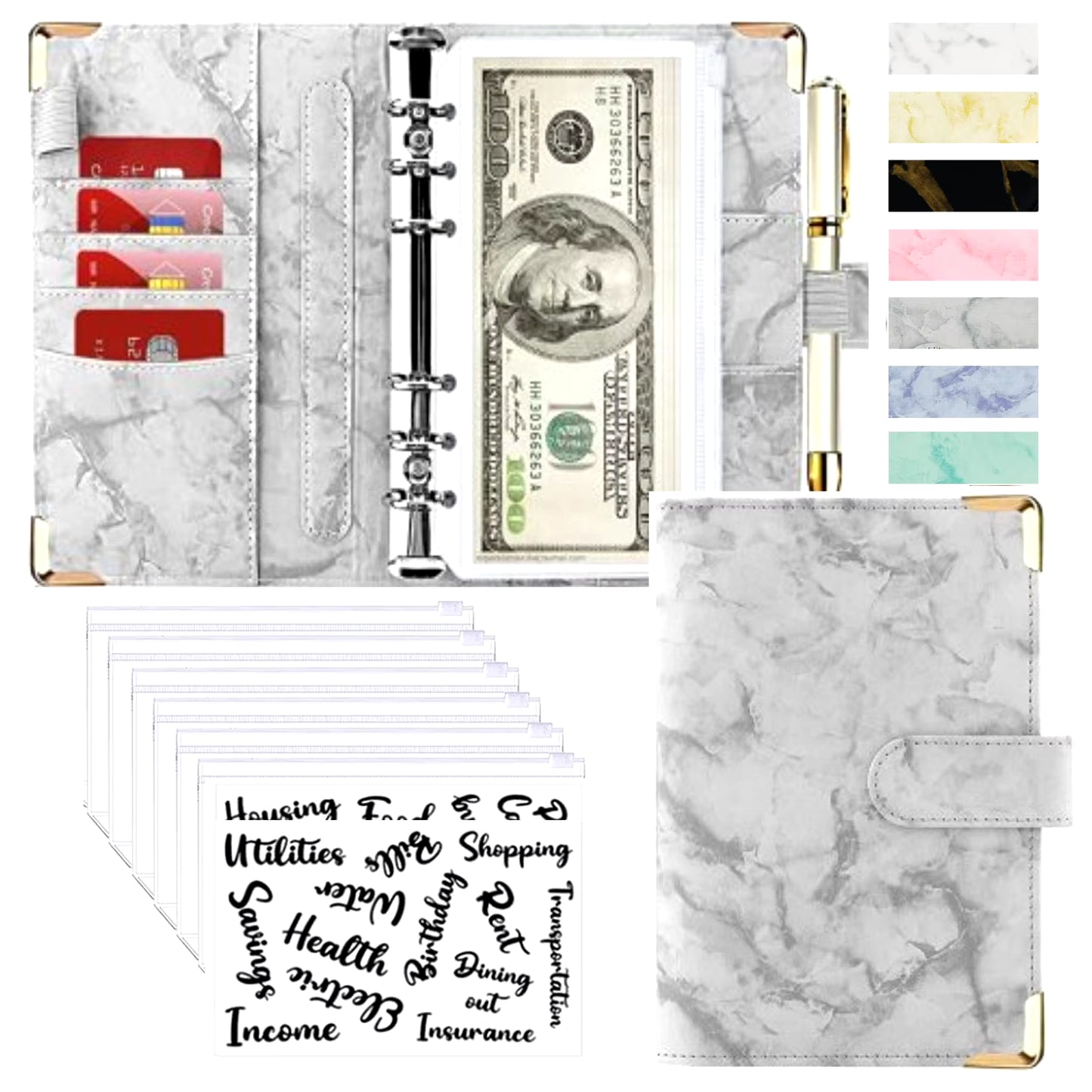 Stylish A6 Marble Budget Binder - PU Leather Money Saving Organizer & Planner for 2023