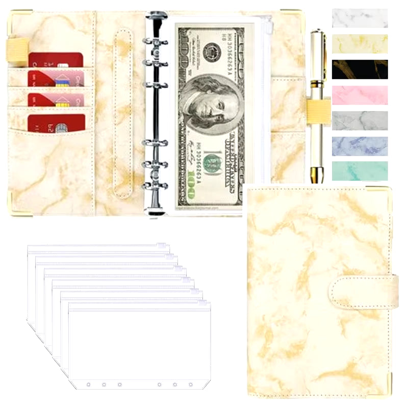 Stylish A6 Marble Budget Binder - PU Leather Money Saving Organizer & Planner for 2023