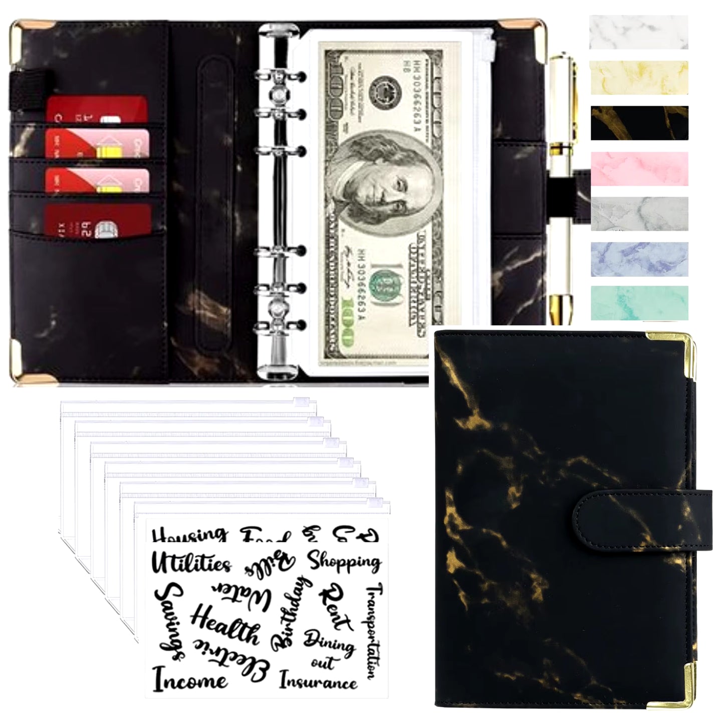 Stylish A6 Marble Budget Binder - PU Leather Money Saving Organizer & Planner for 2023