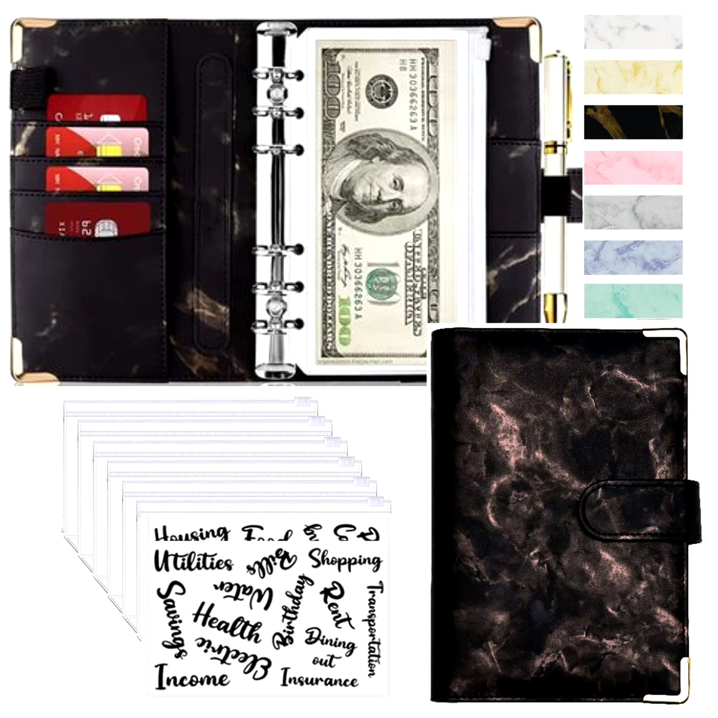 Stylish A6 Marble Budget Binder - PU Leather Money Saving Organizer & Planner for 2023